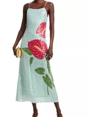 FARM Rio Anthurium Flowers Sequined Slip Dress .